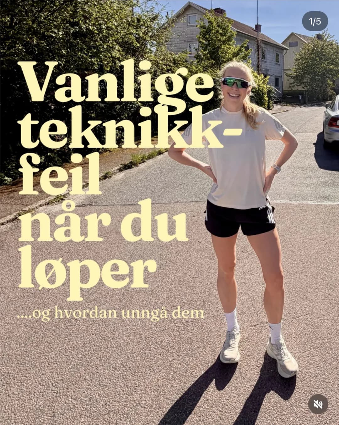 Slide 1: «Vanlige teknikkfeil når du løper … og hvordan unngå dem», med Veronica på en solfylt vei
