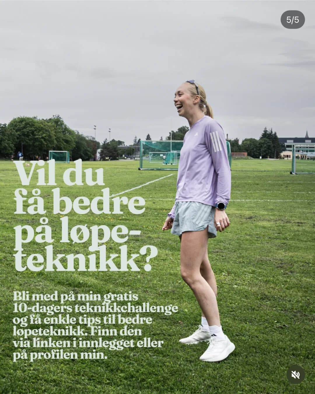 Slide 5: «Vil du få bedre på løpeteknikk?», med Veronica på en gressbane