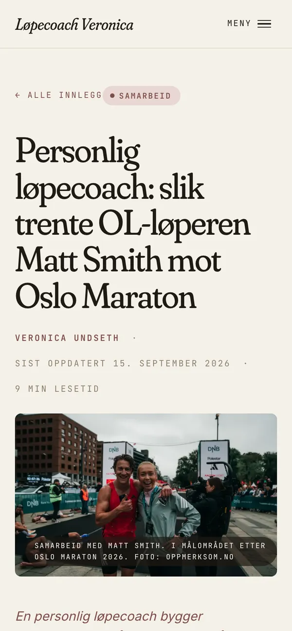 Skjermbilde på mobil av artikkelen om personlig løpecoach