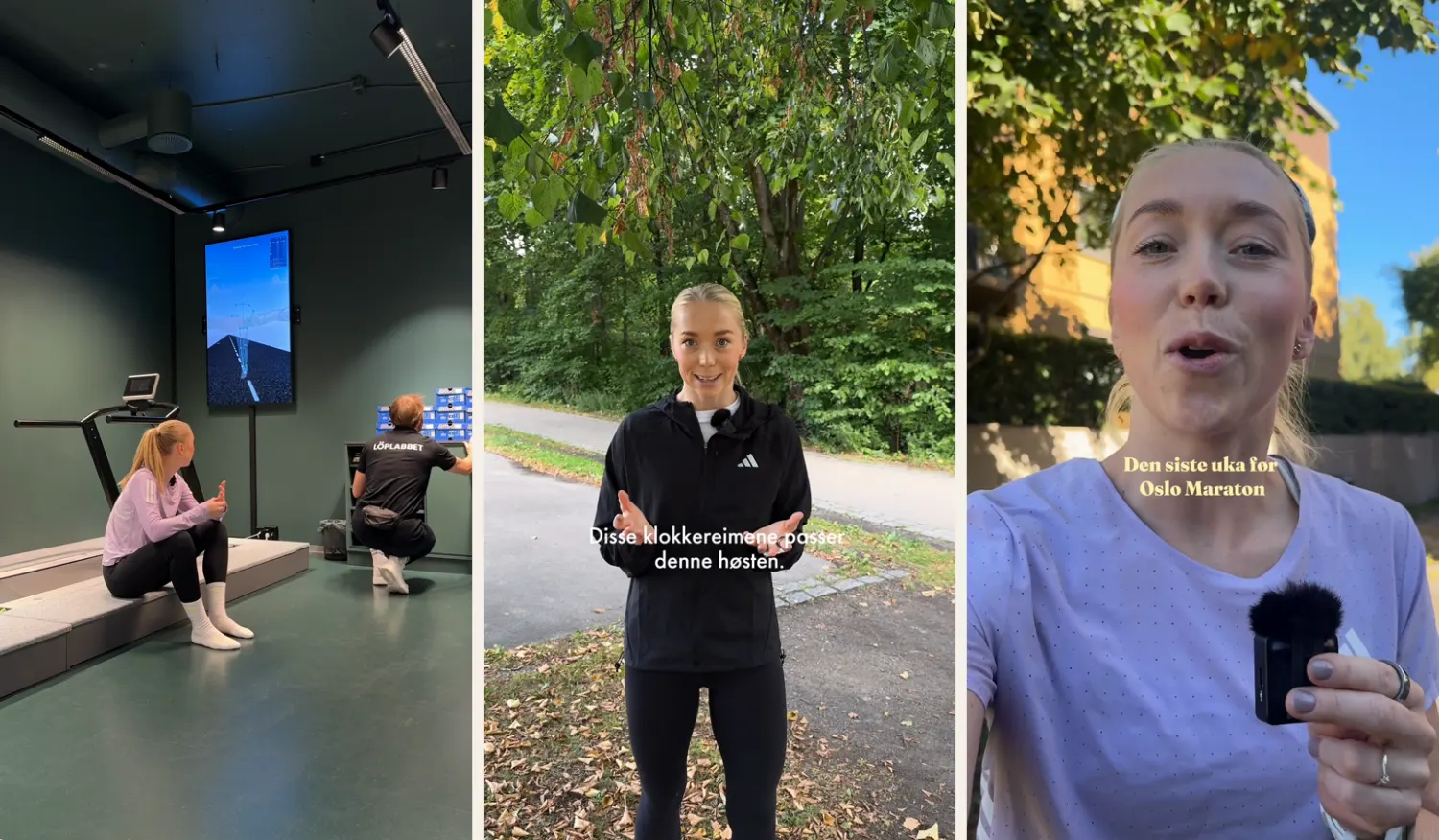 Tre stillbilder fra kortvideoer til sosiale medier: skokjøp hos Løplabbet, høstkampanje for Norgesreima og tips før Oslo Maraton for Ricola