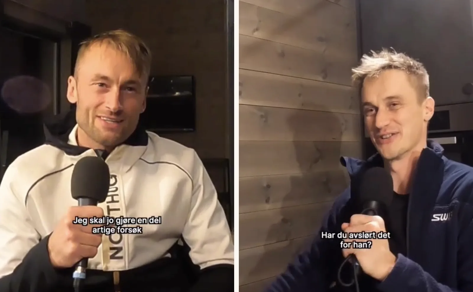 Petter Northug til venstre og Håvard Rønning til høyre, begge med mikrofon under innspilling av podcasten Skisporet.
